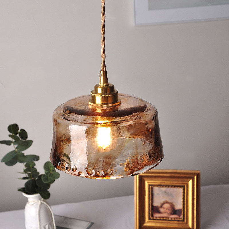Vintage Amber Glass Brass Pendant Light for Living Room