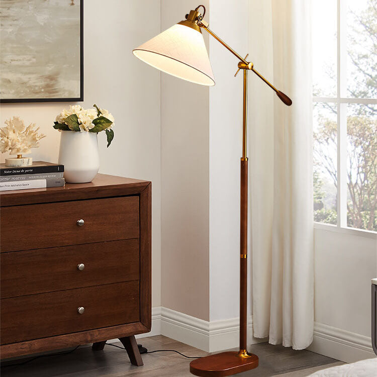Vintage Fabric Cone Floor Lamp, Metal and Ash Wood, 1-Light for Bedroom