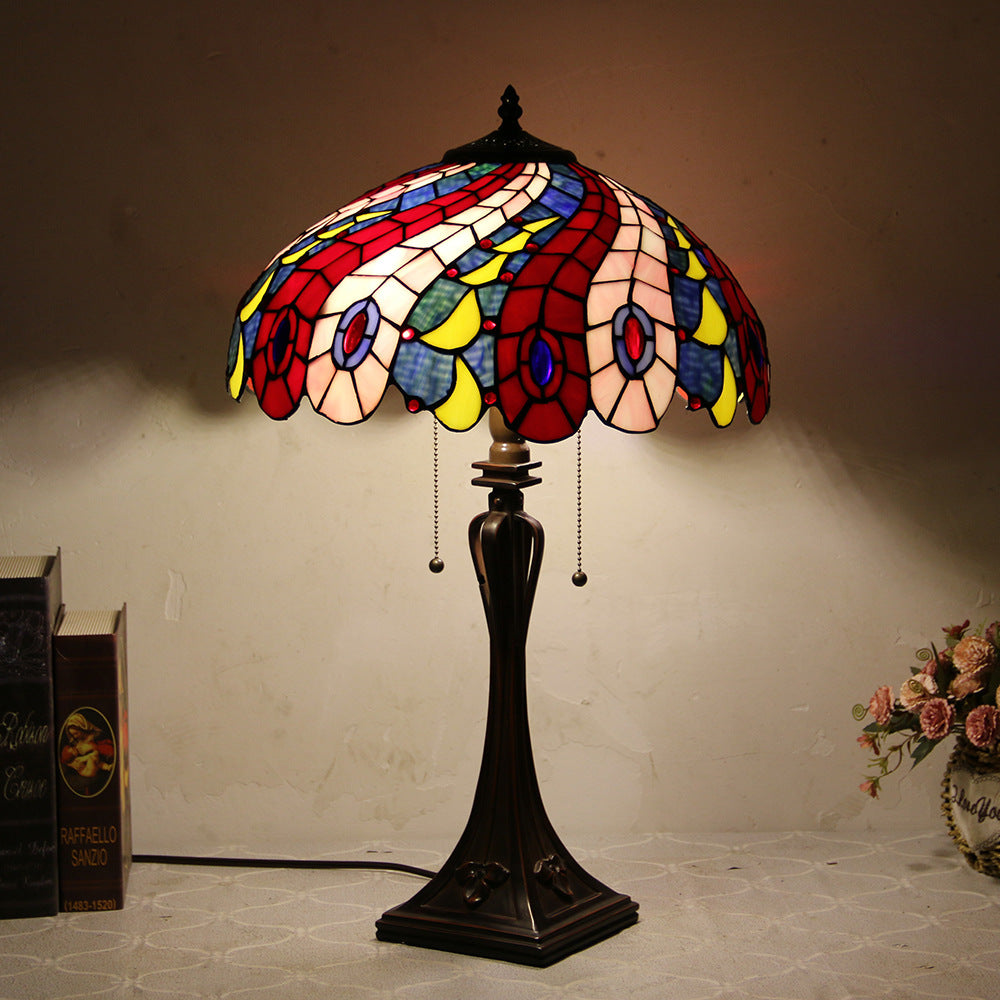 Traditional Tiffany Glass Stained Glass Cone Pull Cord 2-Light Table Lamp for Bedroom, Vintage Tiffany Style Lamp, Stained Glass Decorative Accent Lamp, Retro Bedroom Lighting, Elegant Table Lamp for Nightstand, Artistic Home Decor, Classic Gift Idea for