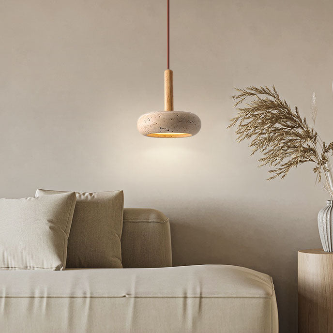 Traditional Japanese Round Wood Yellow Travertine LED Pendant Light for Bedroom