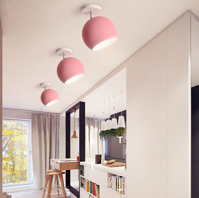 Contemporary Nordic Macaron Aluminum Spherical Shade Semi-Flush Mount Ceiling Light for Living Room