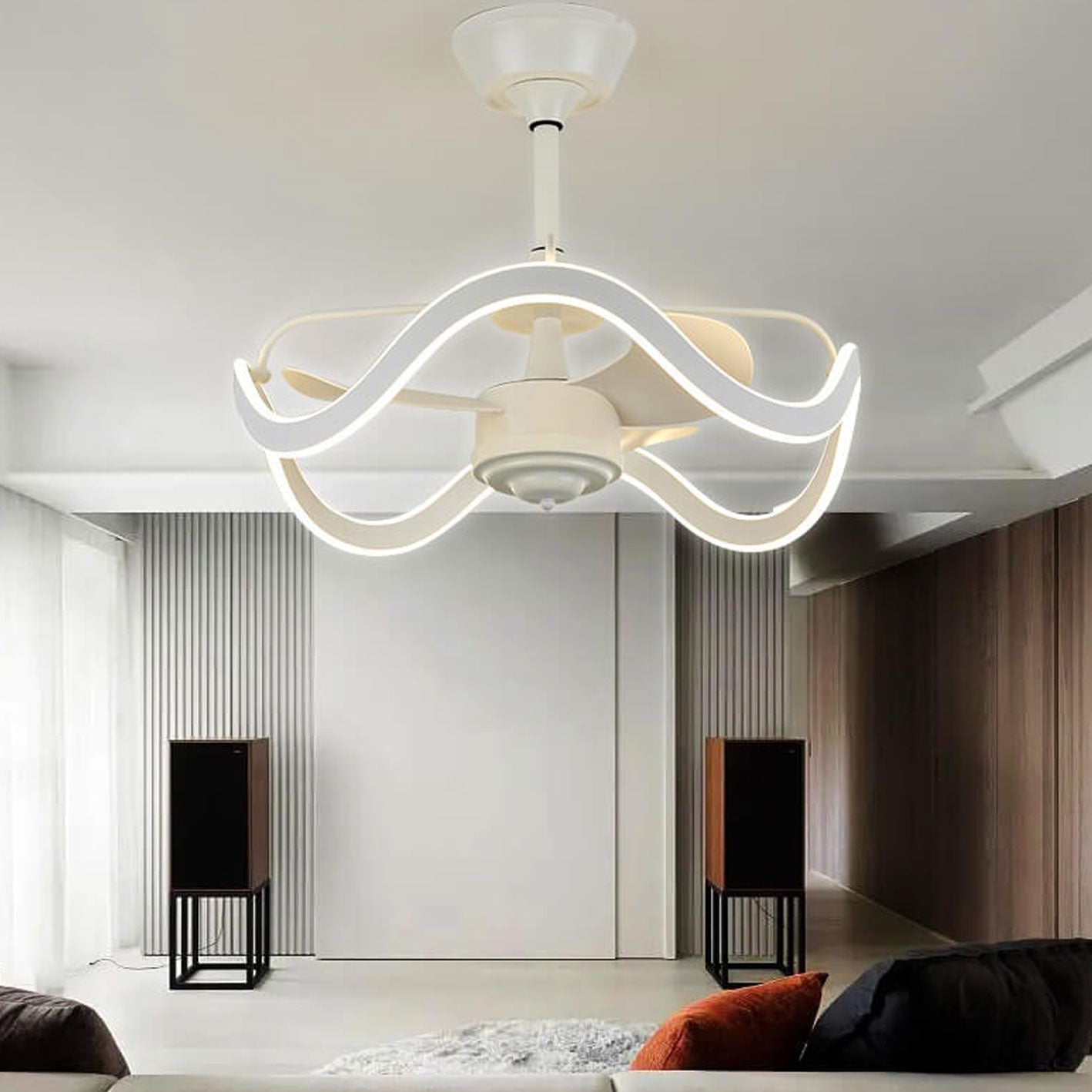 Modern Luxury Circular Inverter Silent Downrod Ceiling Fan Light