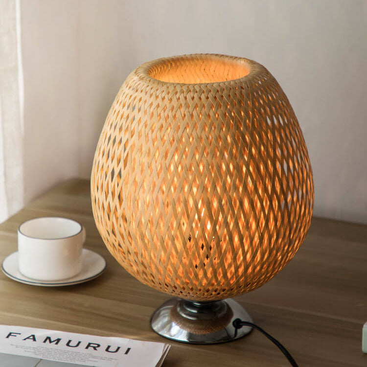 Traditional Chinese Moso Bamboo Wood Iron Weaving Oval Round 1-Light Table Lamp Bedroom Decor, Asian Style Bedside Lighting, Eco-Friendly Bamboo Lamp, Elegant Home Accent, Unique Lighting Design for Nightstand, Modern Chinese Decor, Artisanal Handmade Lam
