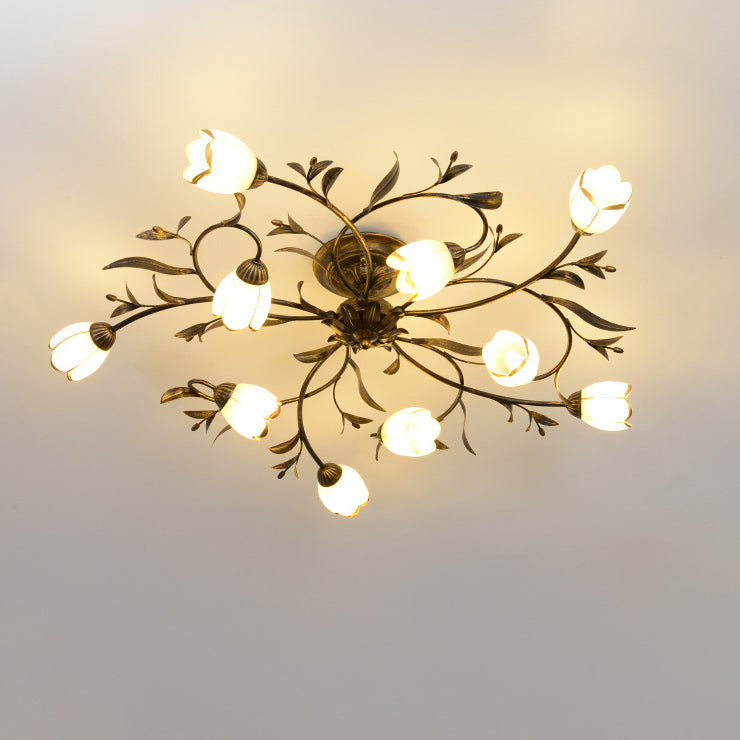 Traditional French Flower Shaped Iron Glass Semi-Flush Mount Ceiling Light for Bedroom - 4/6/8/10/12 Lights