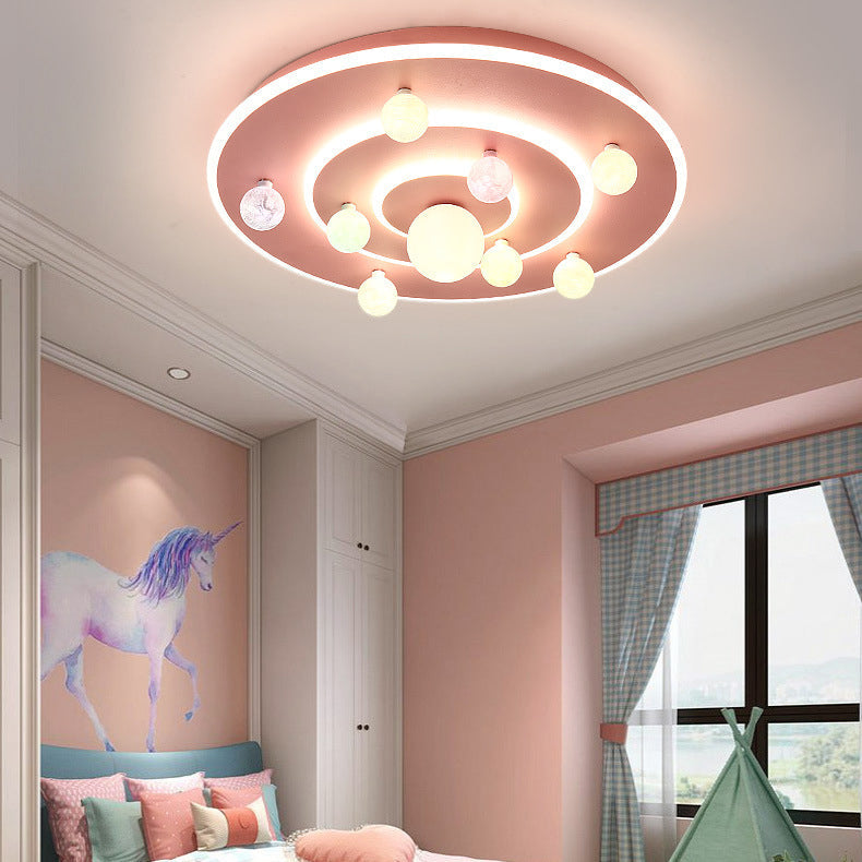 Contemporary Creative Kids Round Planet Iron Acrylic LED Flush Mount Ceiling Light Bedroom Playroom Decoration Childrens Lighting Modern Design Space Theme Ceiling Fixture