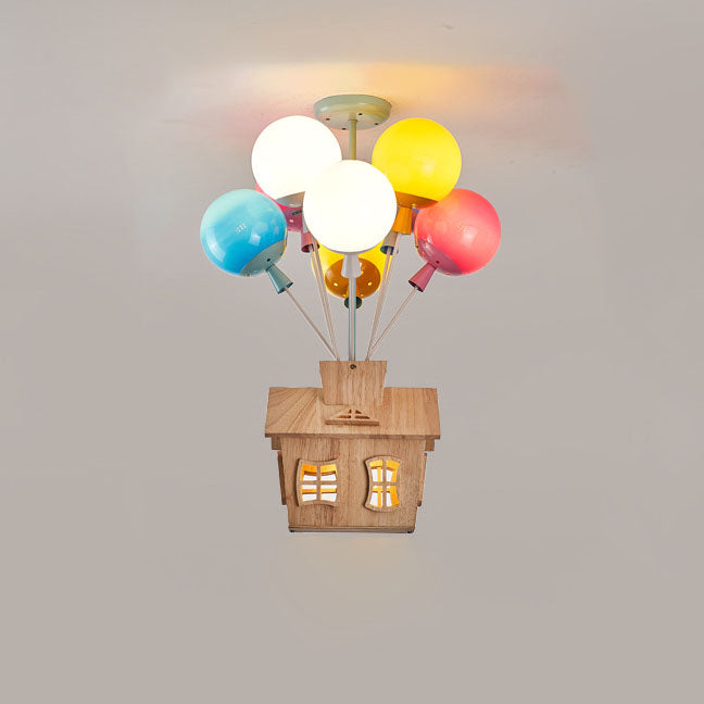 Contemporary Colorful Acrylic Balloon Log Cabin Semi-Flush Mount Ceiling Light for Kids Bedroom, 7/9-Light Bright Chandelier, Fun Decorative Lighting, Modern Kids Room Fixture, Playful Nursery Ceiling Lamp