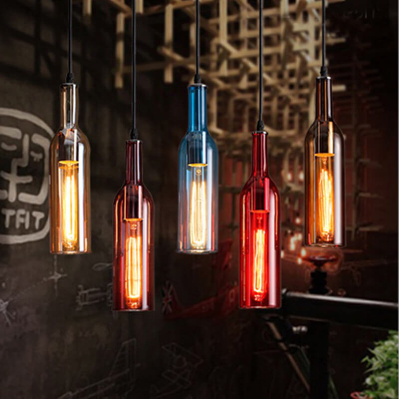 Retro Colorful Wine Bottle 5-Light Chandelier | Vintage Pendant Lighting | Unique Home Decor | Artistic Ceiling Fixture | Colorful Hanging Light