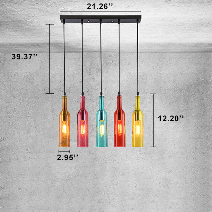 Retro Colorful Wine Bottle 5-Light Chandelier | Vintage Pendant Lighting | Unique Home Decor | Artistic Ceiling Fixture | Colorful Hanging Light