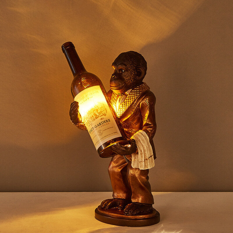 Retro Creative Monkey Resin Wine Bottle 1-Light Decoration Table Lamp, Unique Vintage Home Decor, Funky Animal Table Light, Quirky Wine Bottle Design Lamp, Stylish Monkey Figurine Night Light, Modern Chic Accent Lighting, Ideal Gift for Art Lovers, Decora