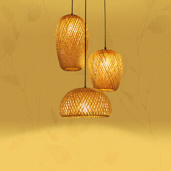 Vintage Bamboo Metal Weaving Round Pendant Light for Living Room
