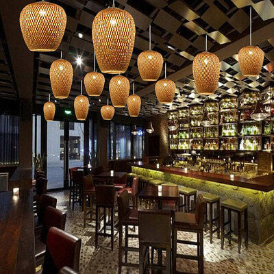 Vintage Bamboo Metal Weaving Round Pendant Light for Living Room