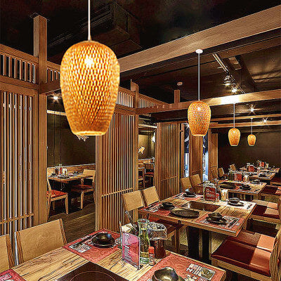 Vintage Bamboo Metal Weaving Round Pendant Light for Living Room