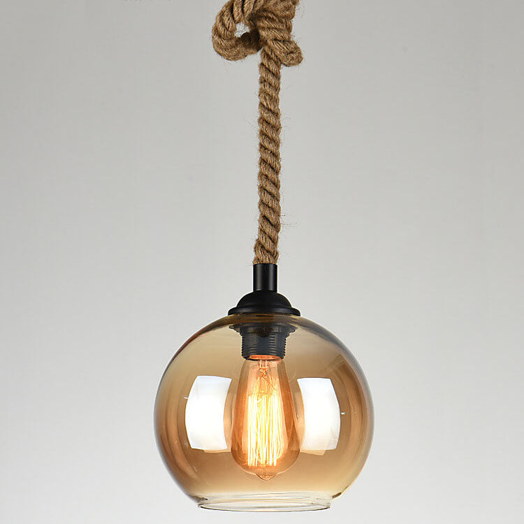Vintage Glass and Metal Rope Pendant Light - 1-Light Round Fixture for Living Room
