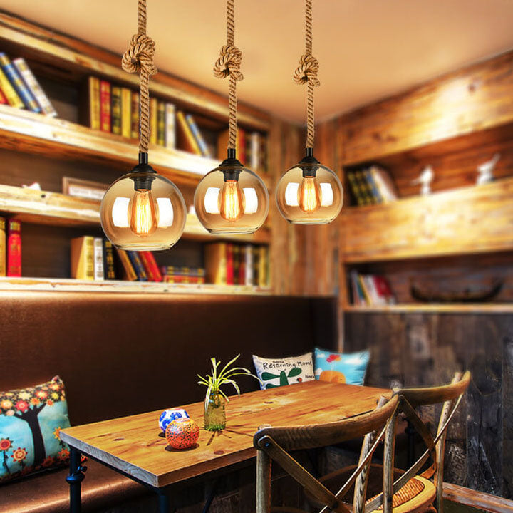 Vintage Glass Metal Rope Pendant Light – 1-Light Round Fixture for Living Room