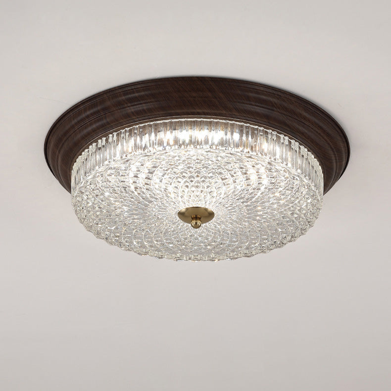 Vintage Round Crystal Glass LED Flush Mount Ceiling Light - Wooden Grain Design for Living Room