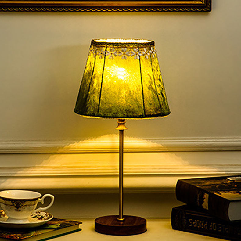 Traditional European Drum Velvet Copper Wood 1-Light Table Lamp for Living Room, Elegant Home Decor Lighting, Vintage Style Accent Lamp, Stylish Table Lamp for Bedroom, Luxurious Velvet Shade, Warm Ambient Lighting, Unique Decorative Lamp for Living Space