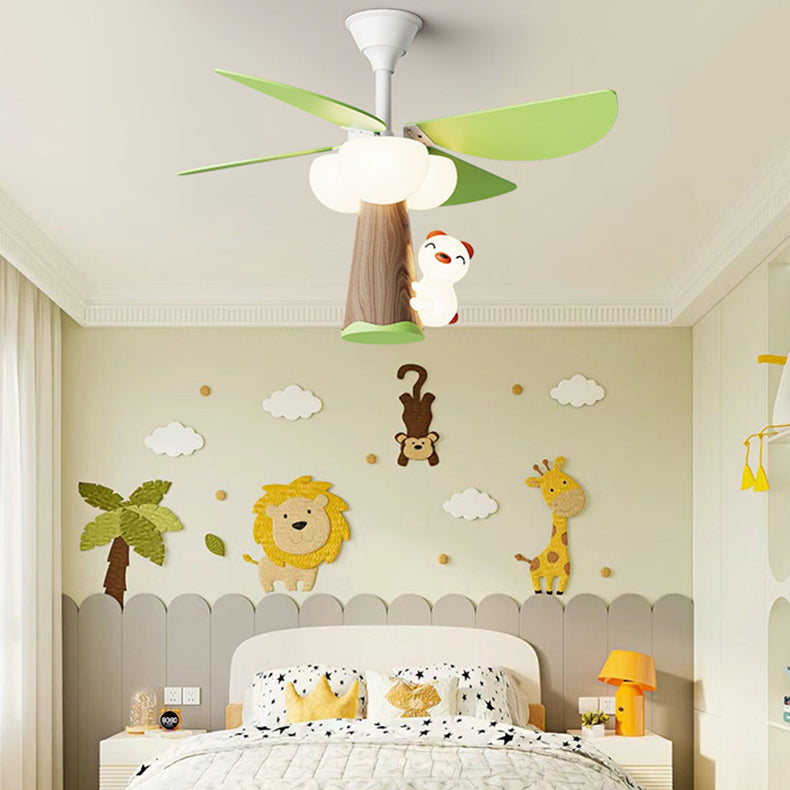 Contemporary Kids PVC Iron Wood Tree Bear LED Ceiling Fan Light