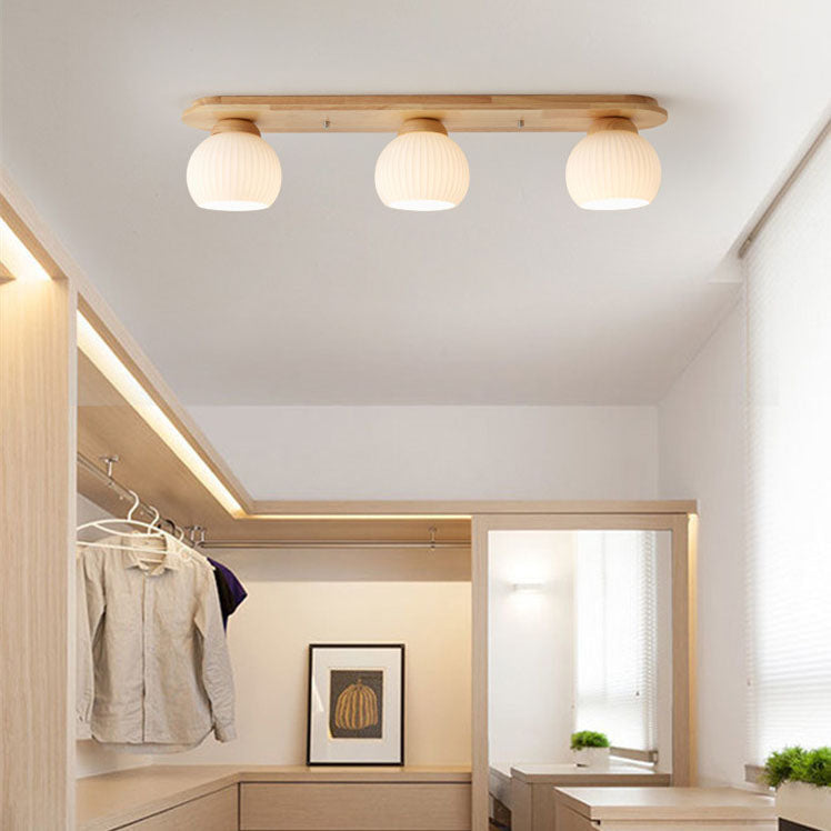 Traditional Japanese Striped Glass Wood Long Plate Flush Mount Ceiling Light