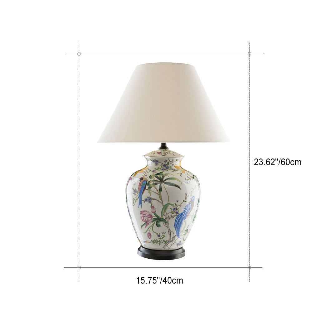 Modern Retro Ceramic Idyllic Flower and Bird 1-Light Table Lamp for Home Decor, Vintage Style Lighting, Bohemian Indoor Accent, Artistic Floral Design, Contemporary Nightstand Light, Unique Gift for Living Room, Bedroom, Office, Handcrafted Ceramic Base,