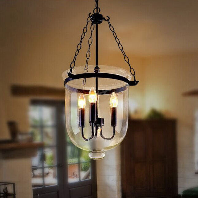 Rustic Round Glass Bucket Iron Candelabra 3-Light Chandelier for Living Room