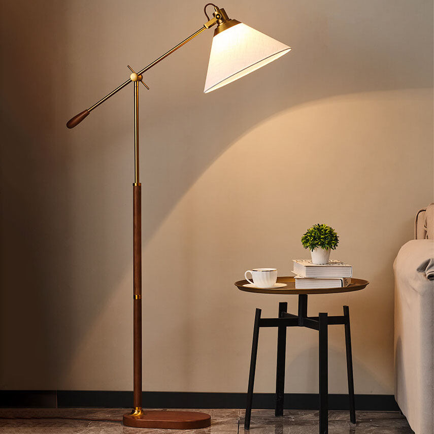 Vintage Fabric Cone Floor Lamp, Metal and Ash Wood, 1-Light for Bedroom