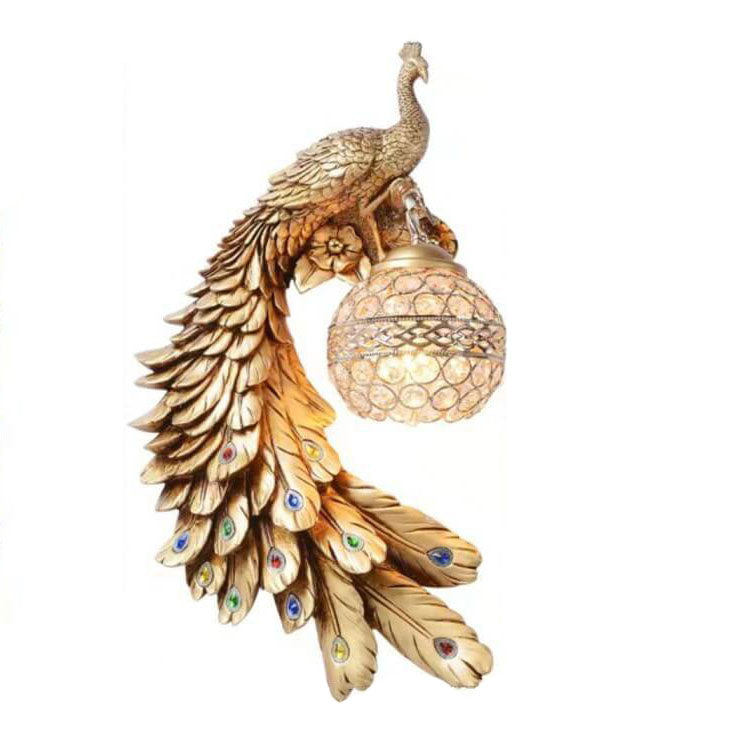 Vintage Ornate Peacock Crystal Ball Wall Sconce Lamp 1-Light