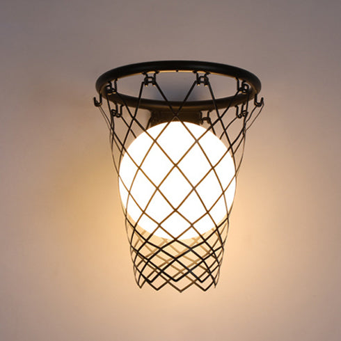 Modern Art Deco Kids Iron Glass Basketball Hoop 1-Light Wall Sconce Lamp Bedroom Lighting Decorative Fixture Adjustable Sports Theme Room Decor Playful Nightlight for Boys Girls Unique Design Fun Basketball Decor Wall Light