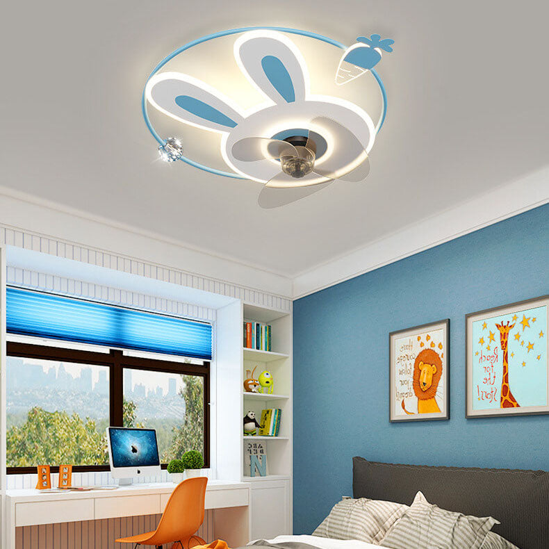 Cartoon Creative Bunny Carrot LED Flush Mount Ceiling Fan Light for Kids Room, Playroom, Nursery, Childrens Ceiling Fan Light Fixture, Cute Bunny Design, Energy Efficient LED Lighting, Adjustable Brightness, Modern Ceiling Fan Light for Kids Decor