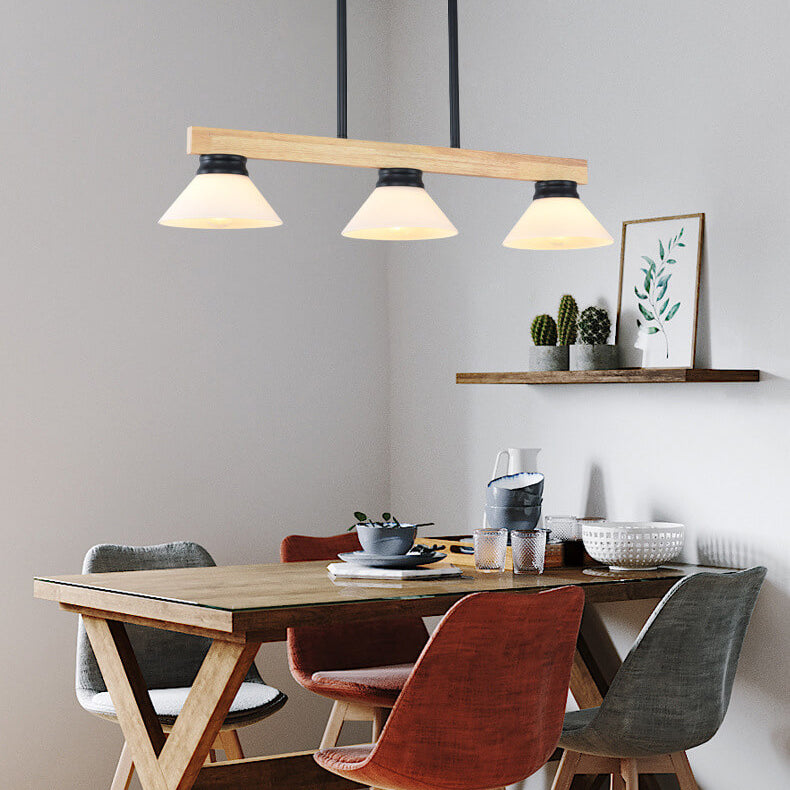 Nordic Solid Wood Cone Glass Shade 3/4 Light Island Chandelier