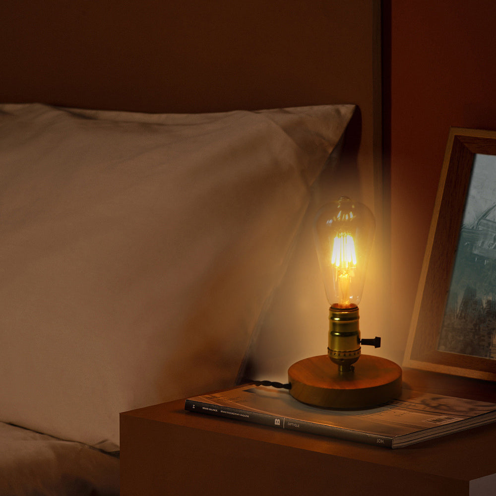 Vintage Glass Table Lamp with Solid Wood Base - 1-Light Bedside Lighting