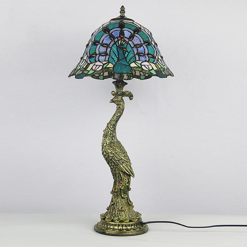 Tiffany Peacock Gem Glass Resin Table Lamp - 1-Light for Living Room & Bedroom