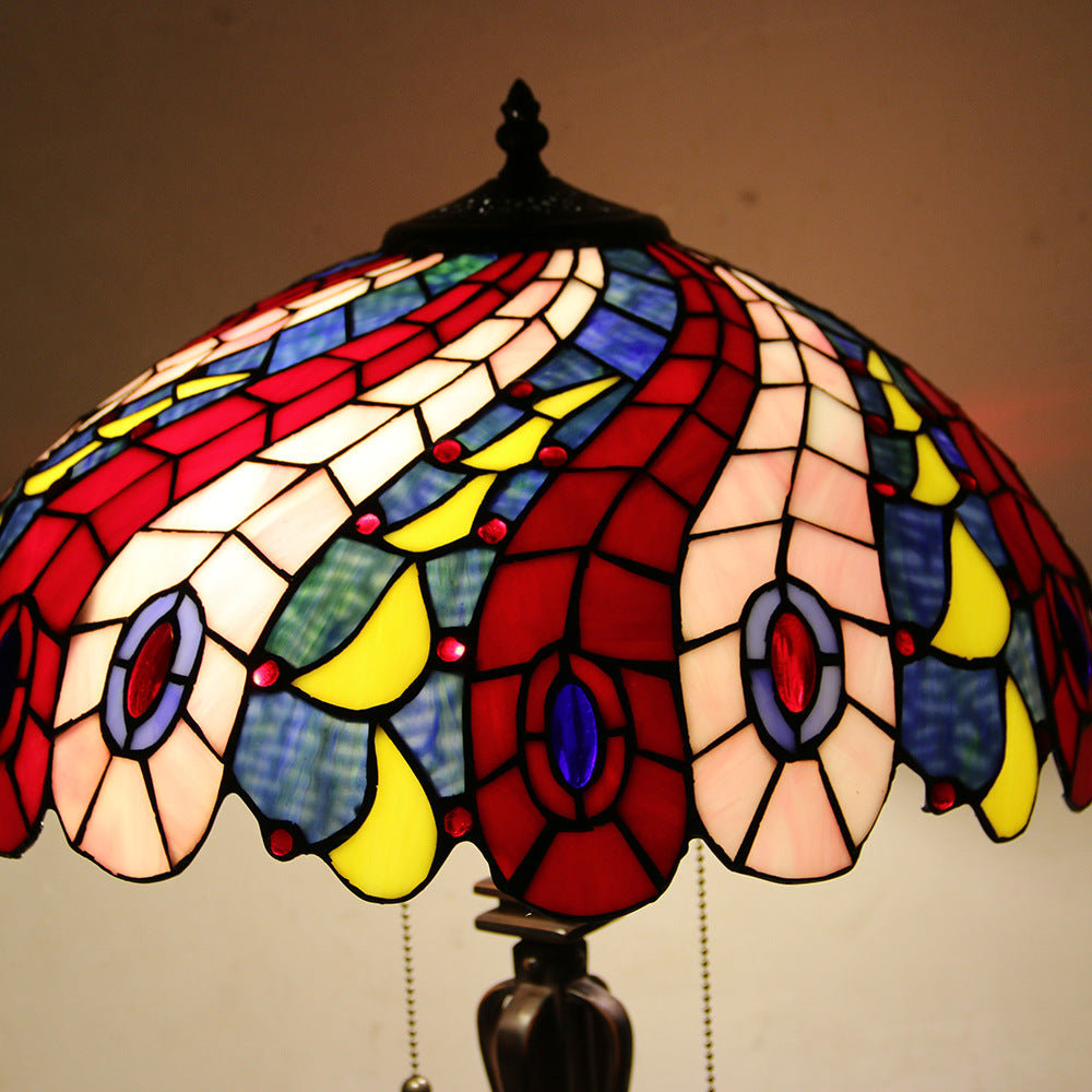Tiffany Style Stained Glass 2-Light Cone Pull Cord Table Lamp for Bedroom