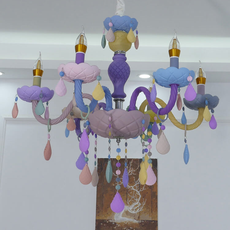 Modern Children's Princess Macaroon Candelabra Crystal Glass Chandelier 5/6/8/10/12/15 Light Fixture Elegant Decorative Lighting for Kids Room, Nursery, Playroom, Birthday Parties, Home Decor, Glamorous Princess Theme, Adjustable Hanging, Twinkling Illumi