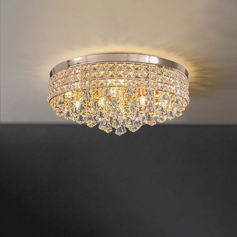 Modern Luxury Round Iron Crystal Beads Flush Mount Ceiling Light 6/9-Light Living Room Fixture
