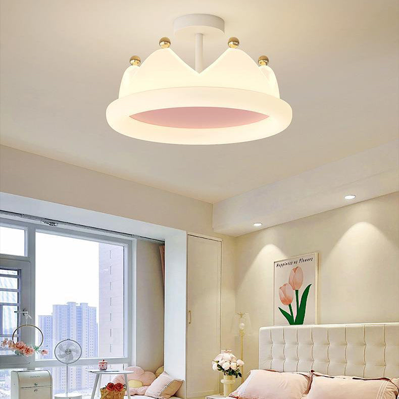 Contemporary Kids Crown Iron PE LED Semi-Flush Mount Ceiling Light Bedroom Lighting Fixture Modern Nursery Decor Creative Design Childrens Room Illumination Stylish Playroom Ceiling Lamp