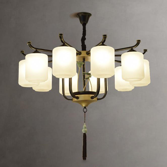 Traditional Chinese Iron Frame Cylinder Glass Shade Chandelier - 6/8/10/12 Lights for Living Room