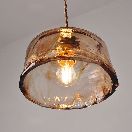 Vintage Amber Drum Glass Pendant Light for Living Room - Brass 1-Light Design