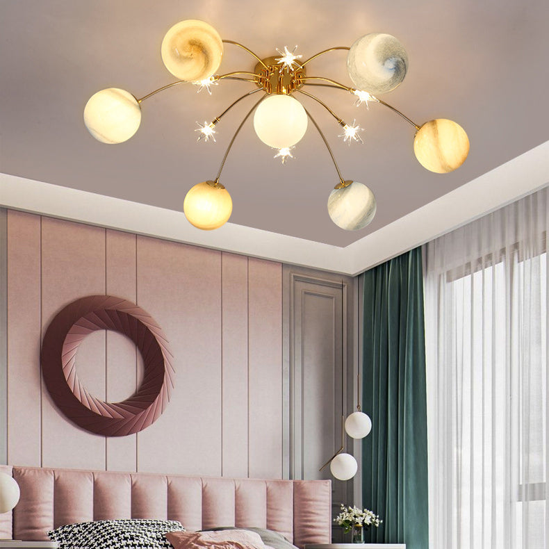 Contemporary Starry Sky 13-Light Semi-Flush Mount Ceiling Light for Bedroom, Iron and Glass Fixture, Modern Moon Design, Elegant Home Lighting