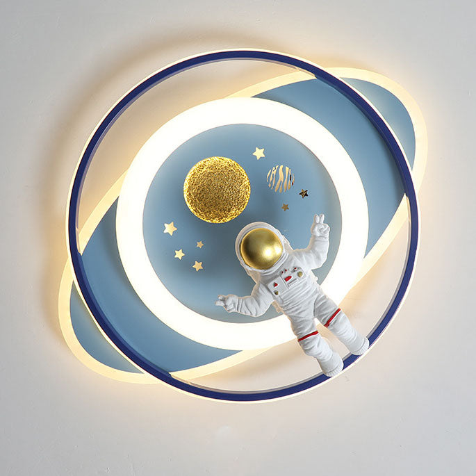 Modern Creative Kids Iron Cartoon Astronaut Rocket LED Flush Mount Ceiling Light, Children's Bedroom Lighting, Space Theme Decor, Playroom Illumination, Fun Astronaut Design, Colorful Nursery Fixture, Eco-Friendly LED Ceiling Lamp, Unique Child Room Acces