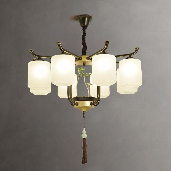 Traditional Chinese Iron Frame Cylinder Glass Shade Chandelier - 6/8/10/12 Lights for Living Room