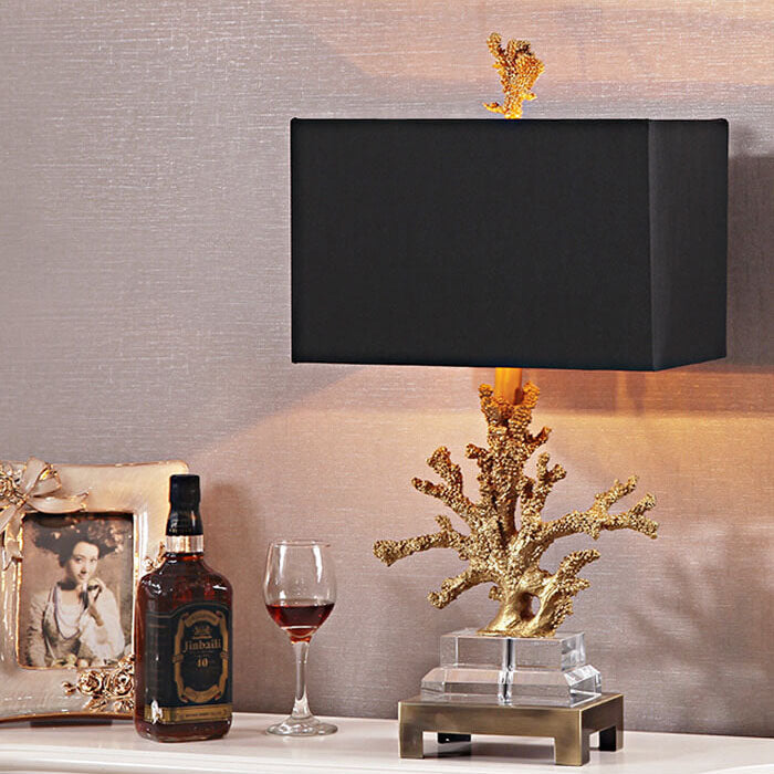Modern Art Deco Linen Resin Crystal Coral Base 1-Light Table Lamp for Bedroom, Elegant Nightstand Lighting, Contemporary Home Decor, Decorative Bedroom Lighting, Unique Table Lamp Design, Stylish Coral Accent Light, Chic Bedroom Lighting Solution, Art Dec