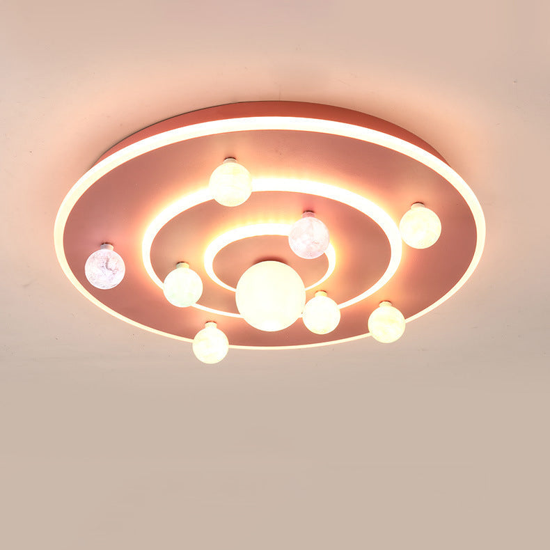 Contemporary Creative Kids Round Planet Iron Acrylic LED Flush Mount Ceiling Light Bedroom Playroom Decoration Childrens Lighting Modern Design Space Theme Ceiling Fixture
