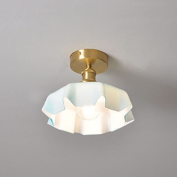 Japanese Vintage Cream Glass Floral Brass Semi-Flush Mount Ceiling Light