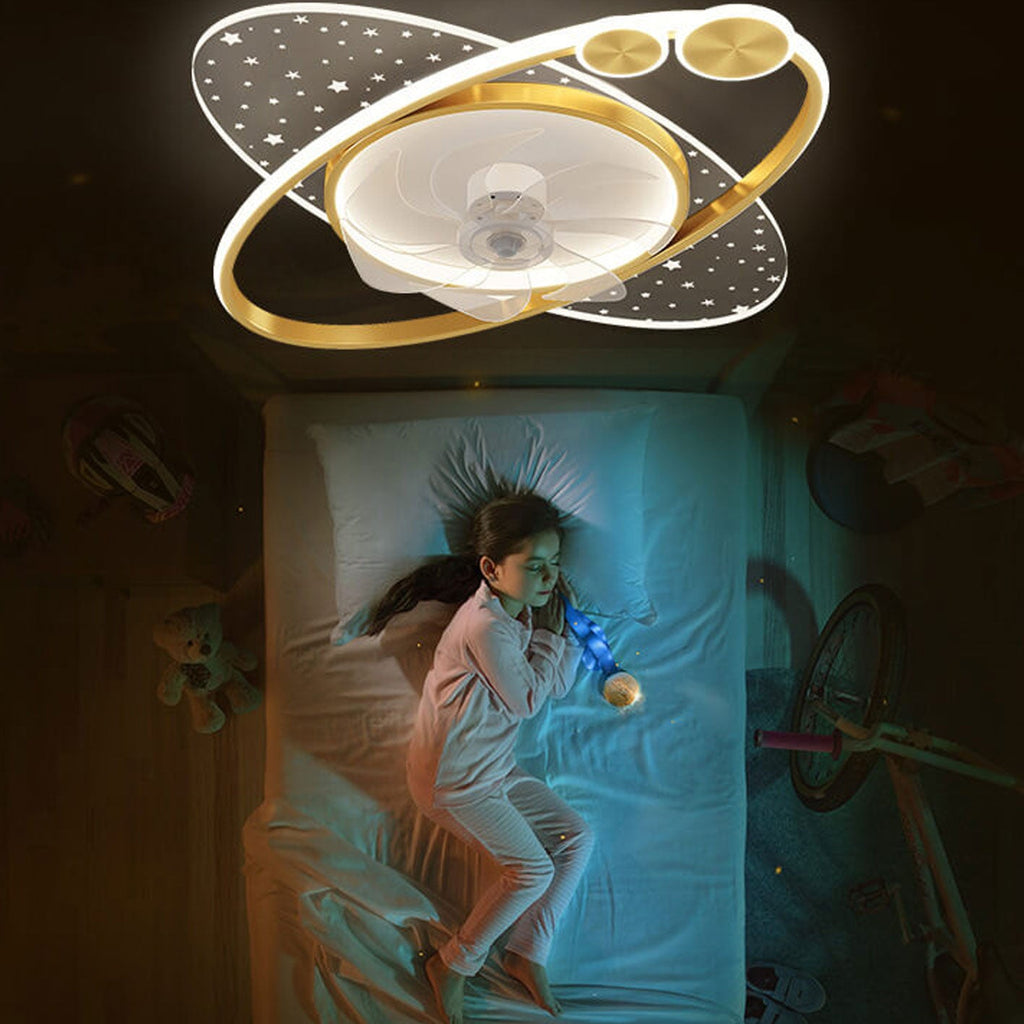 Modern LED Flush Mount Ceiling Fan Light - Creative Planet Star Effect Design, Energy Efficient, Stylish Home Lighting