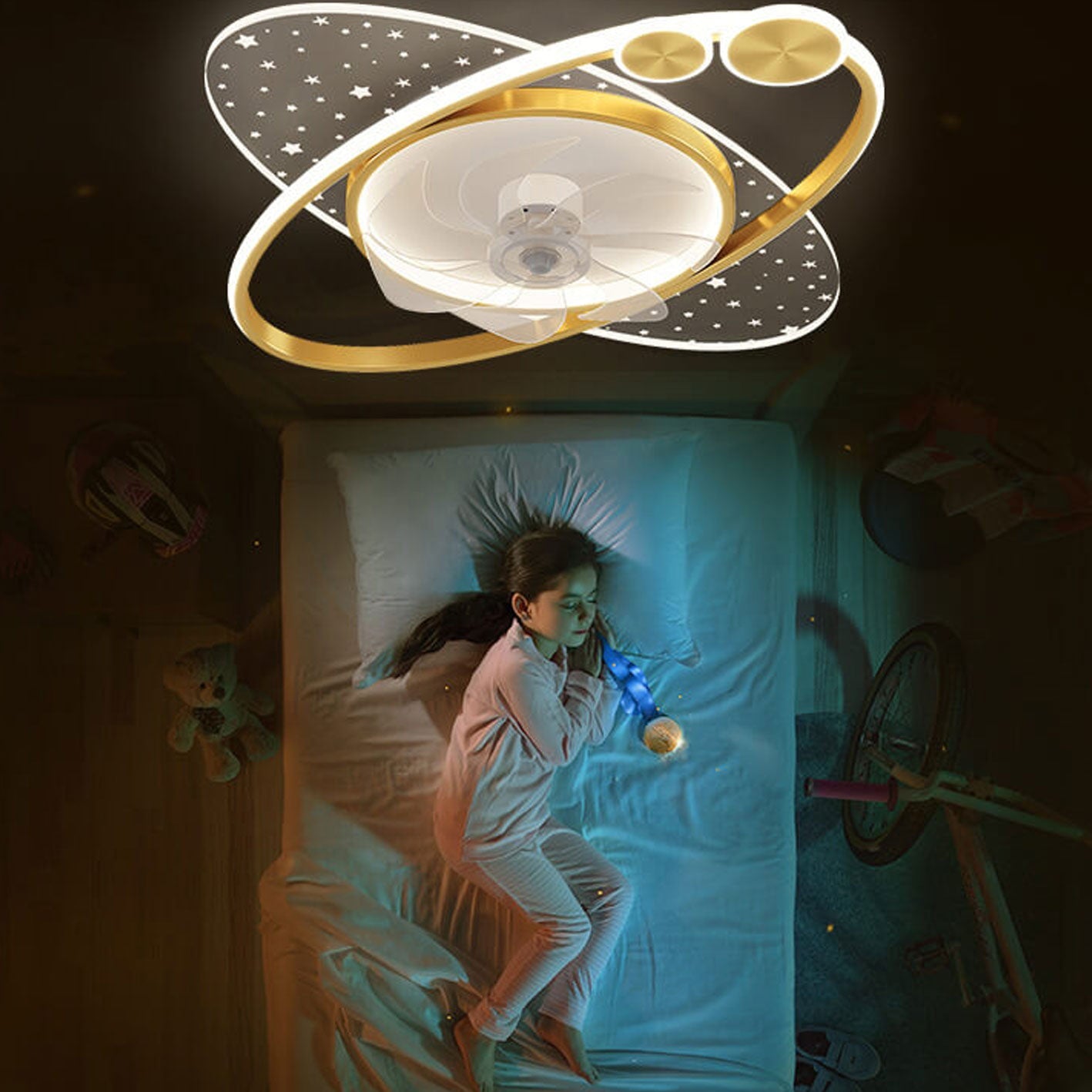 Modern LED Flush Mount Ceiling Fan Light - Creative Planet Star Effect Design, Energy Efficient, Stylish Home Lighting