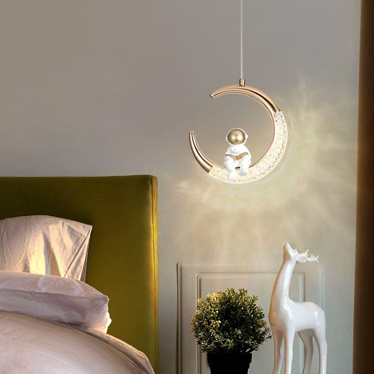 Modern Minimalist Acrylic Iron Astronaut Moon LED Pendant Light for Kids Room, Bedroom, Living Room Decor, Unique Space Themed Lighting, Stylish Nursery Light Fixture