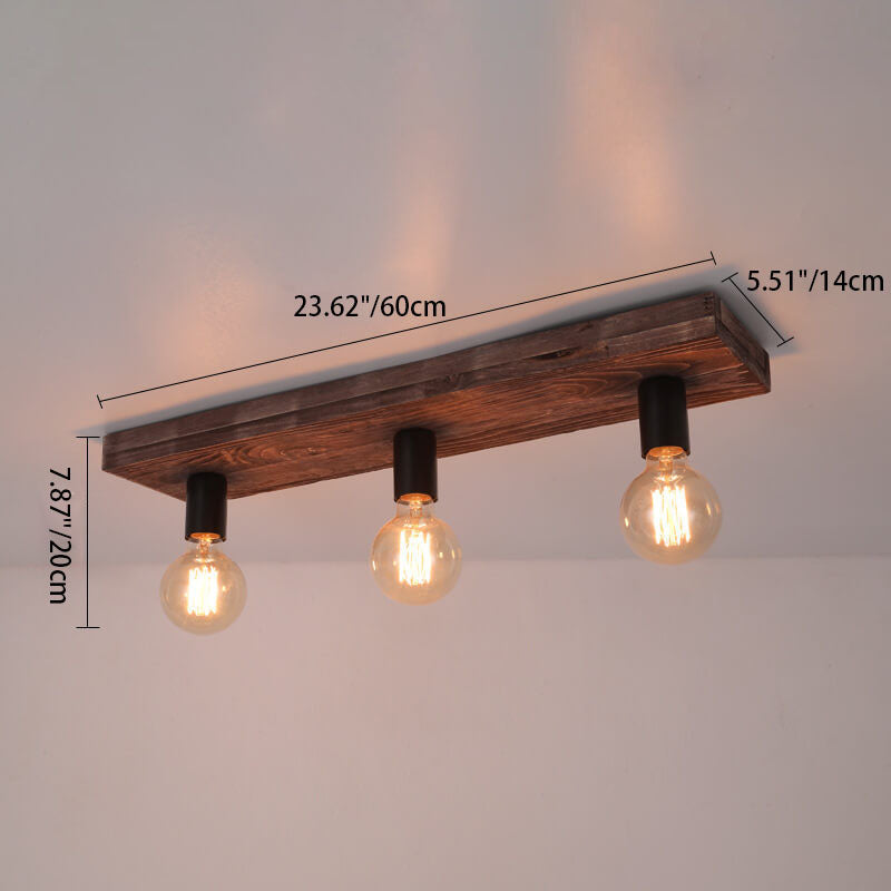 Retro Solid Wood 3-Light Flush Mount Ceiling Light with Glass Lampshade