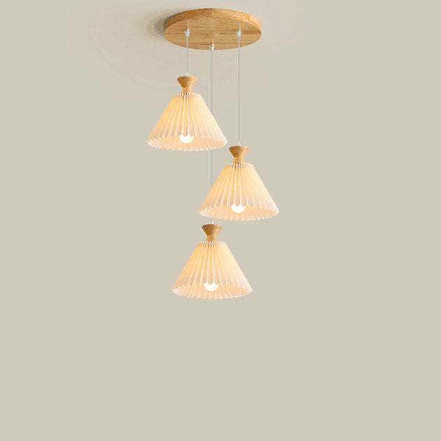 Traditional Japanese Rubberwood Pleated Cone Island Chandelier for Living Room