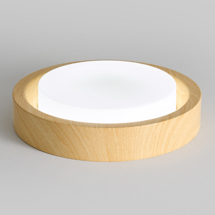 Traditional Japanese Round Glass LED Flush Mount Ceiling Light - Wood Grain Design for Bedroom