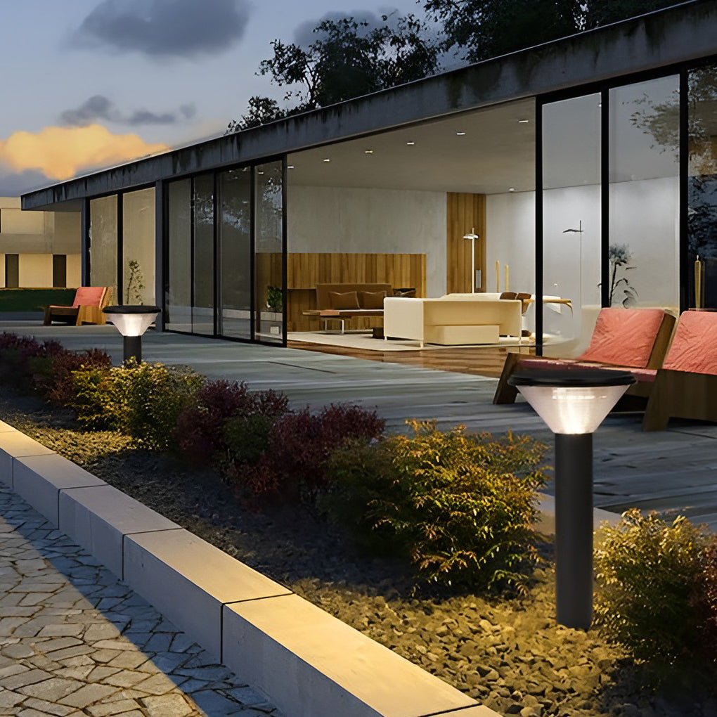 Contemporary Tapered Solar LED Pathway Light - Cylindrical Black Outdoor Lighting